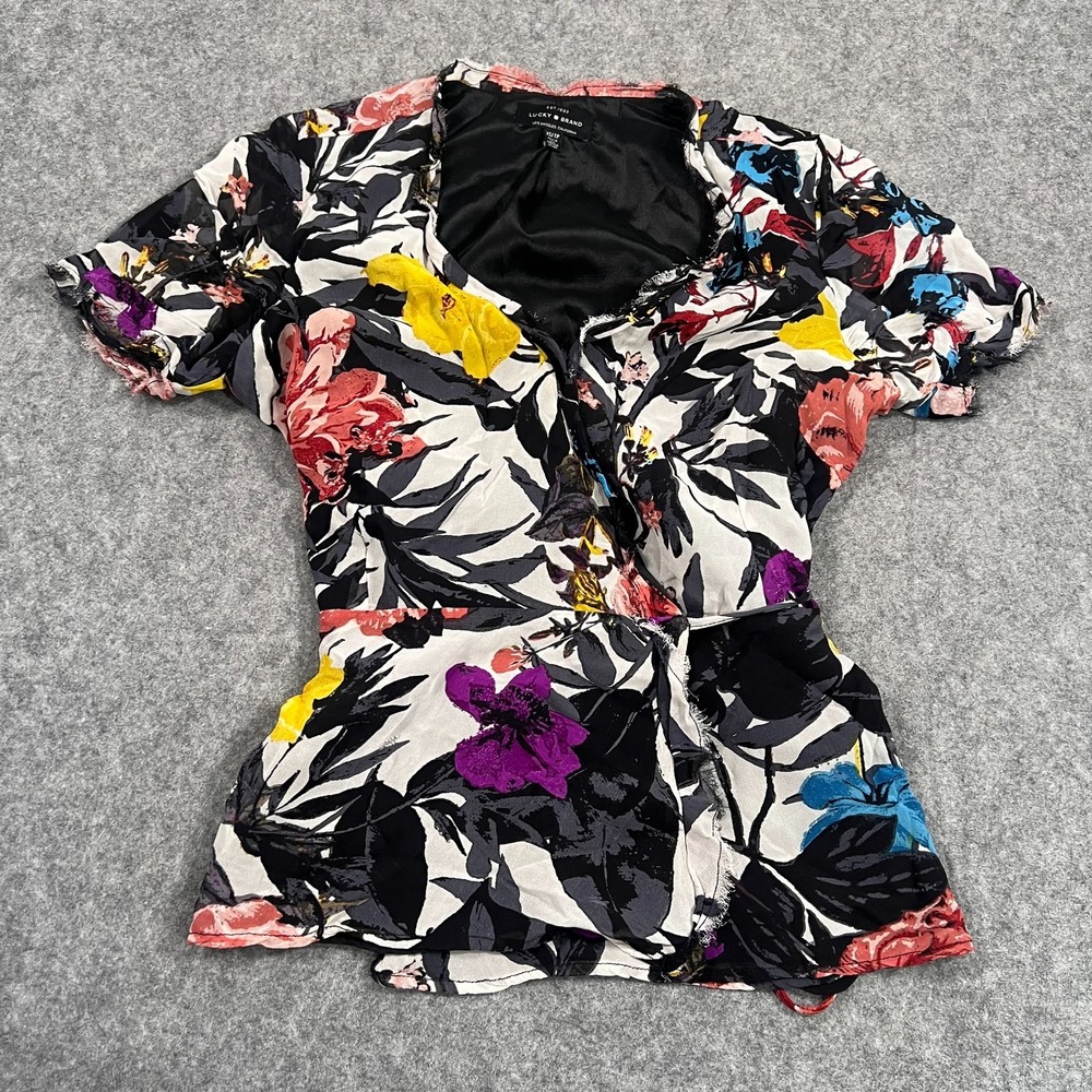 Lucky Brand Abstract Floral Print Short Sleeve Wrap Blouse‎ Women's Size XS